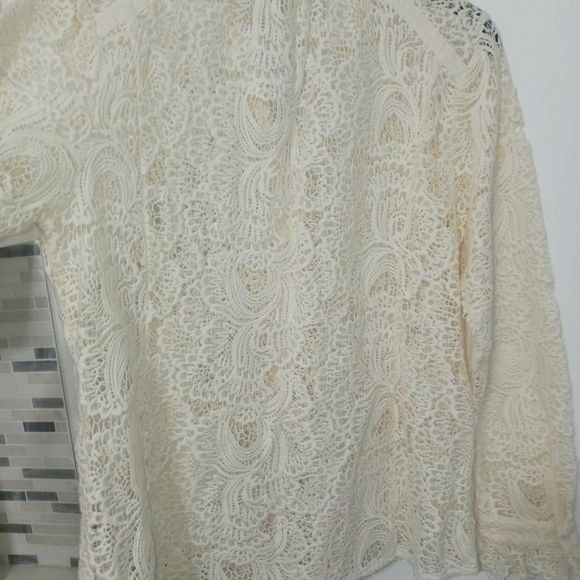 Soft Surroundings Lasalle Lace Floral Long Sleeve Sheer Ruffle Neck Cami Blouse - Picture 11 of 12